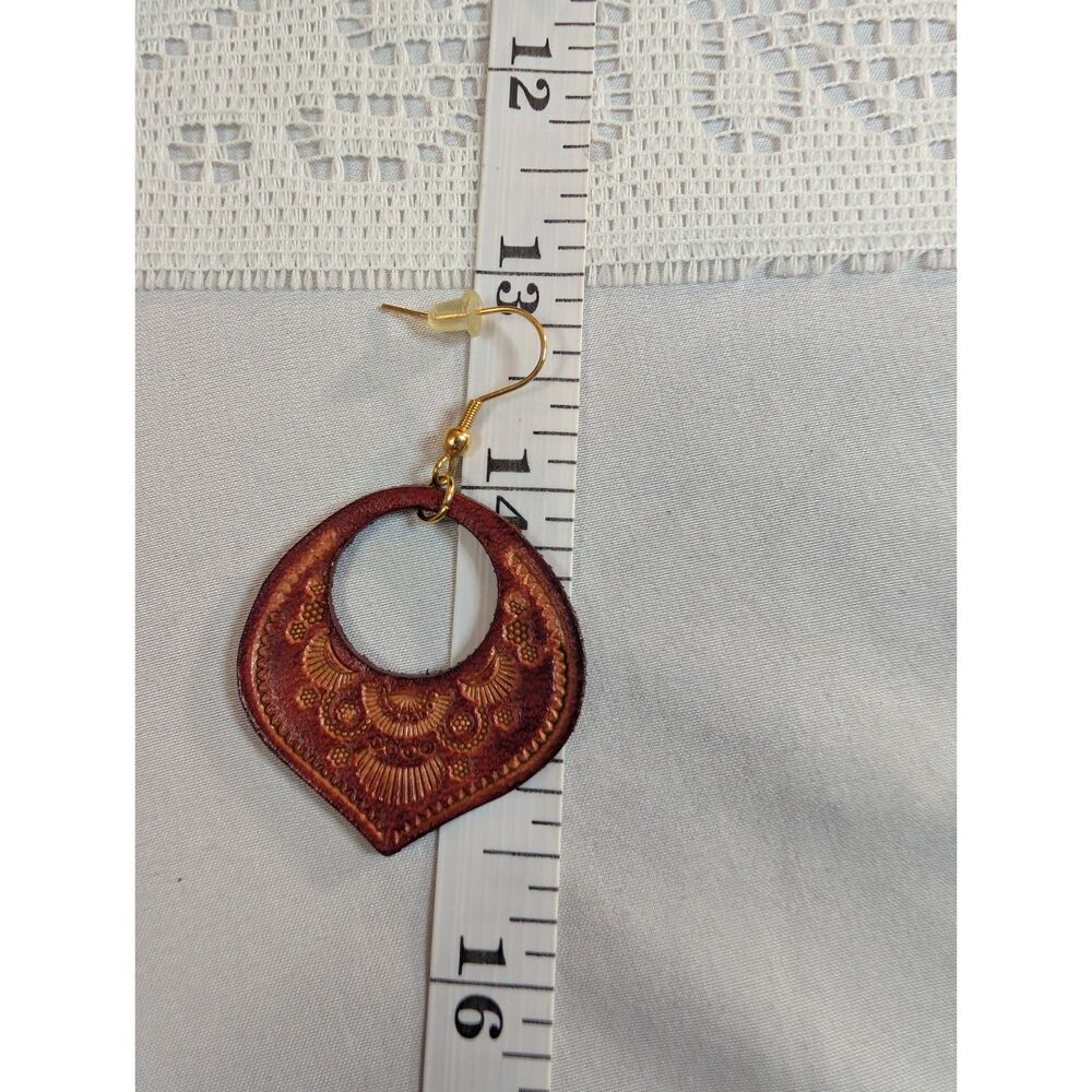 Boho Southwestern Earring Lot Tooled Leather Dangles & Copper Hoops Set - Picture 3 of 4